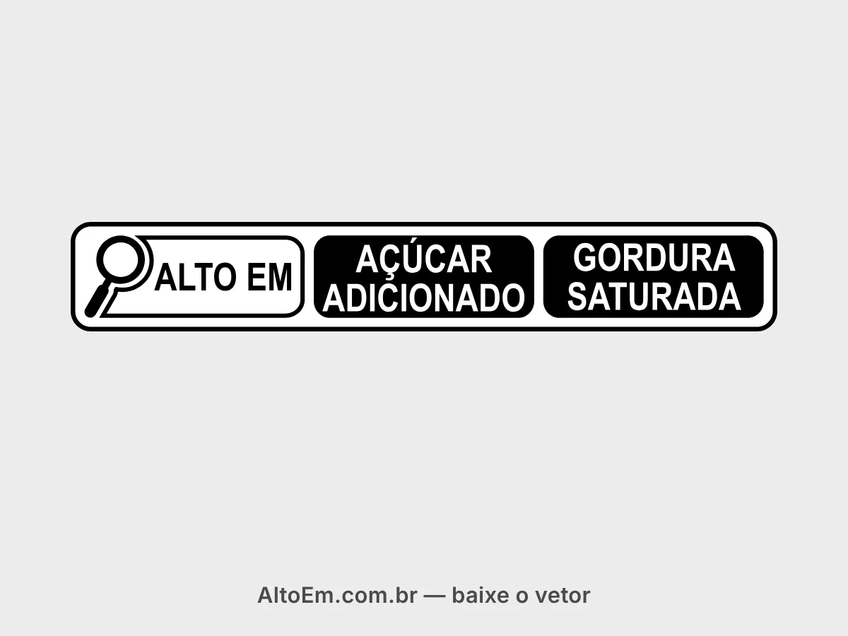 Selo com lupa “alto em açúcar adicionado e gordura saturada” na disposição horizontal: “ALTO EM” em preto sobre fundo branco e “AÇÚCAR ADICIONADO” e “GORDURA SATURADA” em letras brancas sobre blocos pretos.