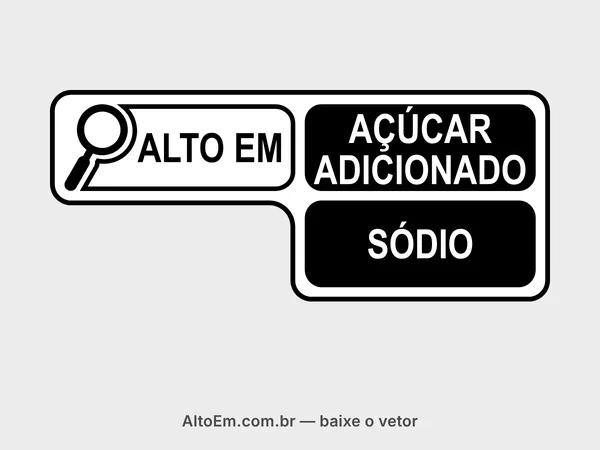 Selo com lupa “alto em açúcar adicionado e sódio” na disposição em L (topo): “ALTO EM” em preto sobre fundo branco e “AÇÚCAR ADICIONADO” e “SÓDIO” em letras brancas sobre blocos pretos.