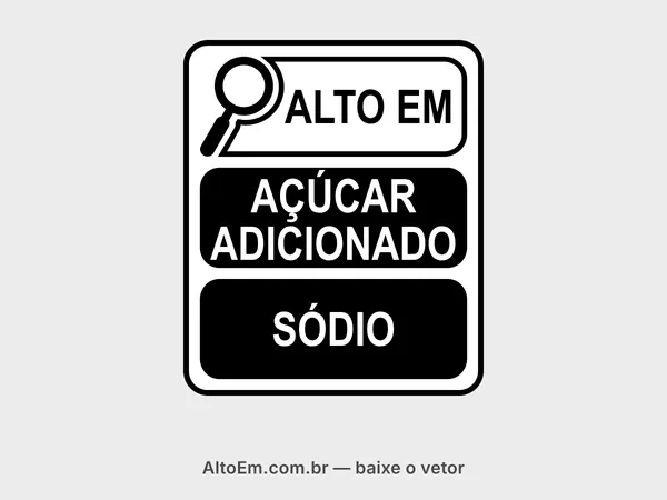 Selo com lupa “alto em açúcar adicionado e sódio” na disposição vertical: “ALTO EM” em preto sobre fundo branco e “AÇÚCAR ADICIONADO” e “SÓDIO” em letras brancas sobre blocos pretos.