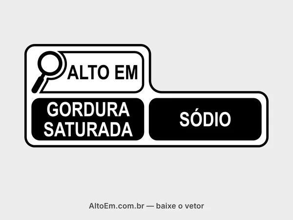 Selo com lupa “alto em gordura saturada e sódio” na disposição em L (base): “ALTO EM” em preto sobre fundo branco e “GORDURA SATURADA” e “SÓDIO” em letras brancas sobre blocos pretos.