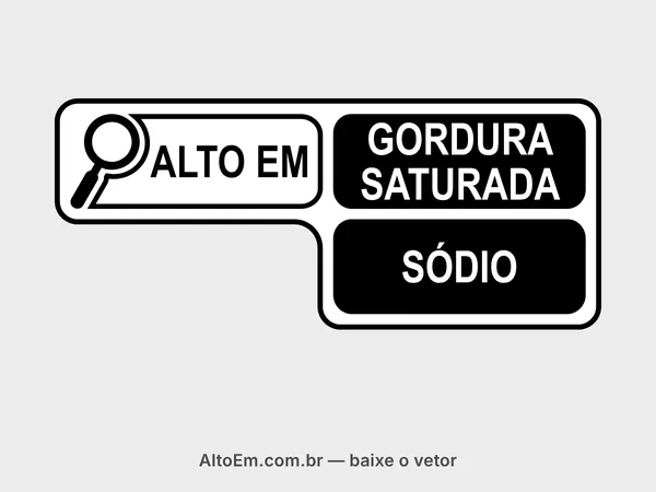 Selo com lupa “alto em gordura saturada e sódio” na disposição em L (topo): “ALTO EM” em preto sobre fundo branco e “GORDURA SATURADA” e “SÓDIO” em letras brancas sobre blocos pretos.