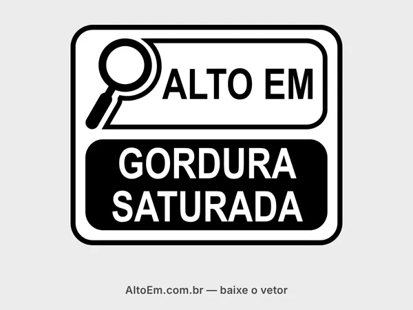 Selo com lupa “alto em gordura saturada” na disposição vertical: “ALTO EM” em preto sobre fundo branco e “GORDURA SATURADA” em letras brancas sobre bloco preto.