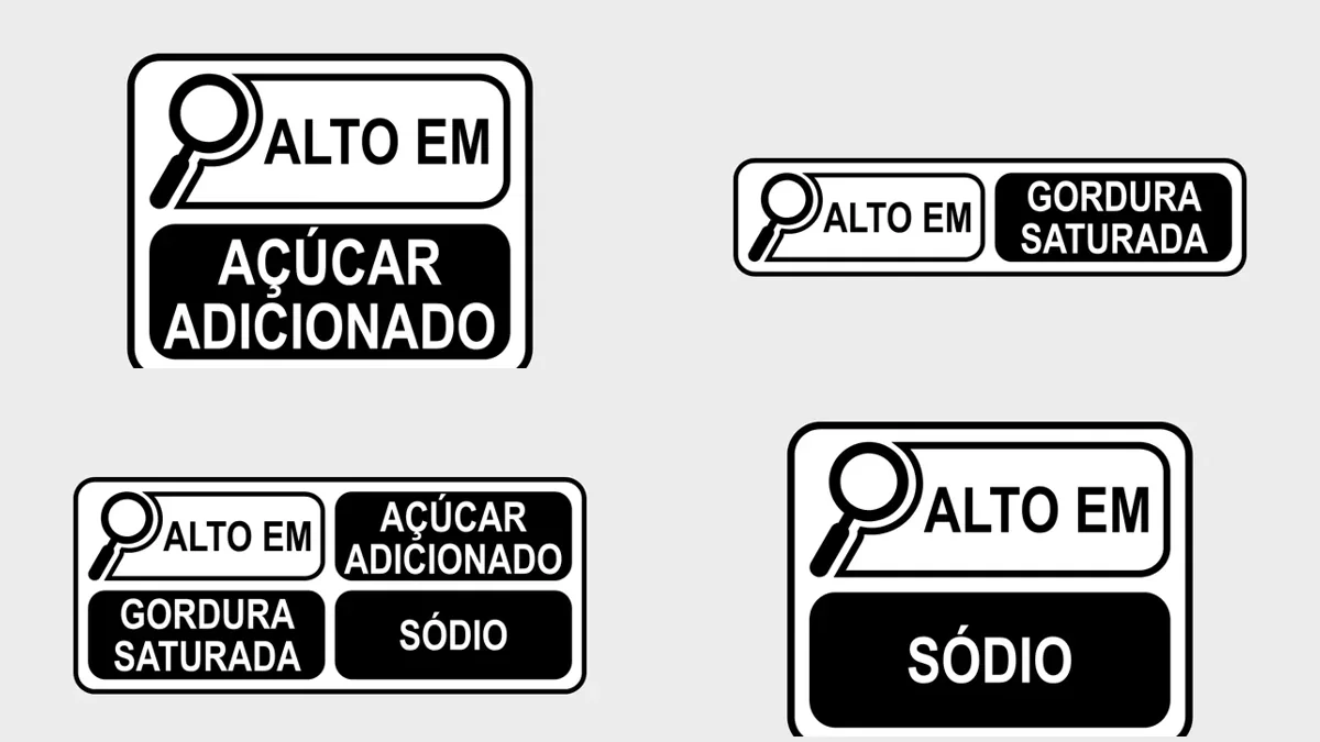 Quatro selos “alto em” em disposições diferentes: açúcar adicionado vertical, gordura saturada horizontal, trio em bloco e sódio vertical.